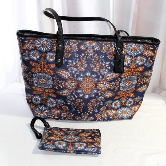 COACH Large Tote & Matching Wristlet, Blue/Orange Floral PVC, EUC - Picture 1 of 12